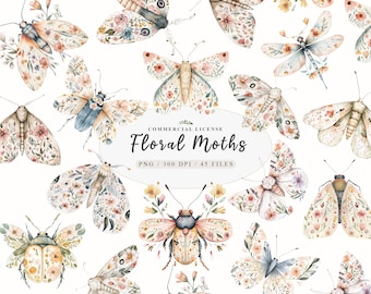 Akvarell blommig Luna Moth Clipart, fjäril PNG (digital nedladdning)