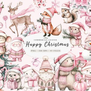 Pink trendy Christmas clipart bundle featuring Santa, boho blush woodland animals, and winter wreaths. Perfect for digital planners, printable stickers, invitations, and more. High-quality PNGs for instant download — ideal for holiday crafts, scrapbooking, and creative projects. Digital product only.
