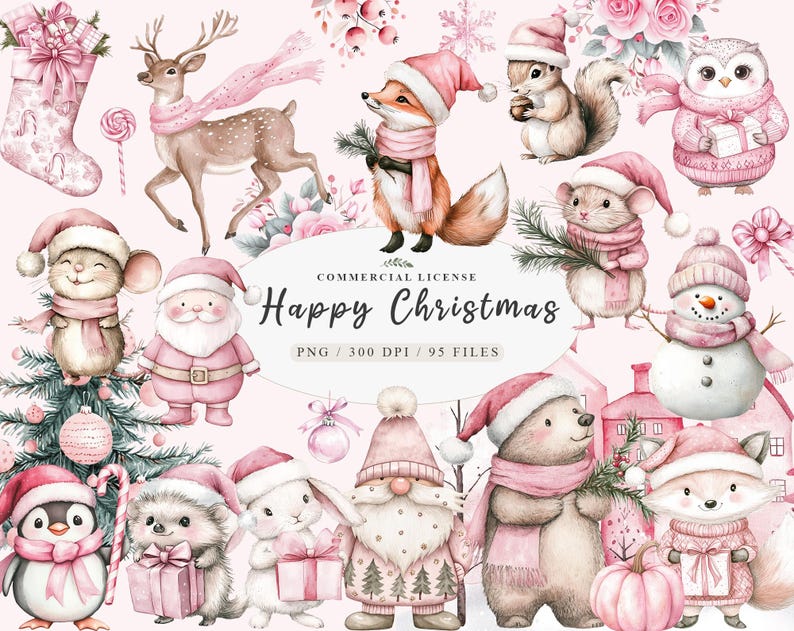 Pink trendy Christmas clipart bundle featuring Santa, boho blush woodland animals, and winter wreaths. Perfect for digital planners, printable stickers, invitations, and more. High-quality PNGs for instant download — ideal for holiday crafts, scrapbooking, and creative projects. Digital product only.