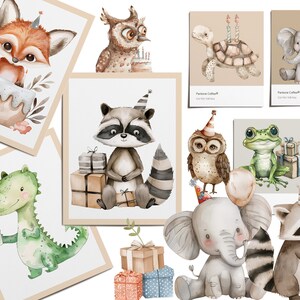 May include: A set of printable cards featuring watercolor illustrations of animals celebrating a birthday. The animals include a fox, owl, turtle, elephant, raccoon, frog, and alligator. Each card has a different animal and a birthday theme.