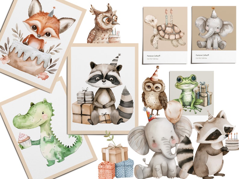May include: A set of printable cards featuring watercolor illustrations of animals celebrating a birthday. The animals include a fox, owl, turtle, elephant, raccoon, frog, and alligator. Each card has a different animal and a birthday theme.