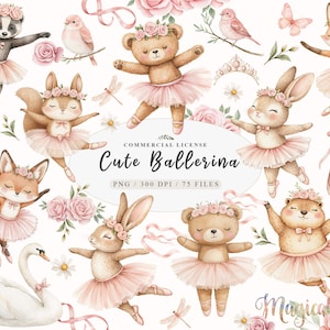 Animais fofos de bailarina rosa aquarela dançando clipart, Blush floral dançando animais png, Bebê menina animais balé png, Lago dos cisnes clipart