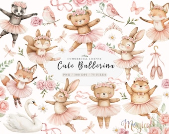 Watercolor cute pink ballerina animals dance clipart, Blush floral dancing animals png, Baby girl animals ballet png, Swan lake clipart