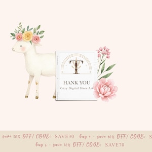 Puede incluir: Una tarjeta de agradecimiento digital con un dise&ntilde;o floral. La tarjeta presenta un cordero blanco con una corona floral, flores rosas y hojas verdes. El texto en la tarjeta dice "Gracias Cozy Digital Store Art".