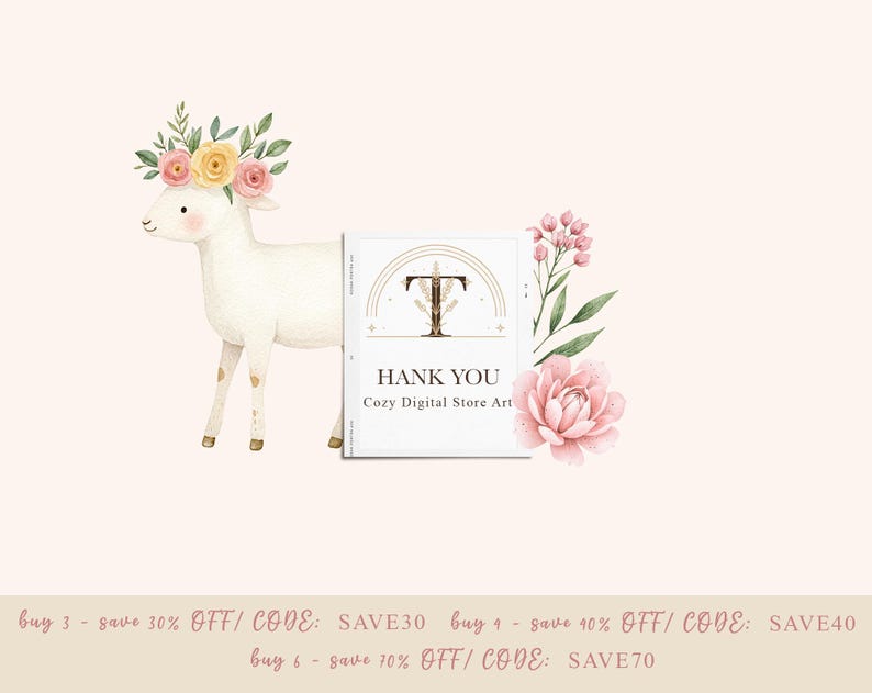 Puede incluir: Una tarjeta de agradecimiento digital con un dise&ntilde;o floral. La tarjeta presenta un cordero blanco con una corona floral, flores rosas y hojas verdes. El texto en la tarjeta dice "Gracias Cozy Digital Store Art".