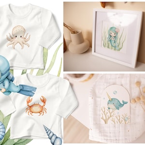 May include: Two white long-sleeve shirts with different sea creature designs. One shirt features an octopus, the other a crab. A third shirt features a diver with a blue helmet and flippers. A framed illustration of a mermaid with a crown and a narwhal with a horn are also shown.