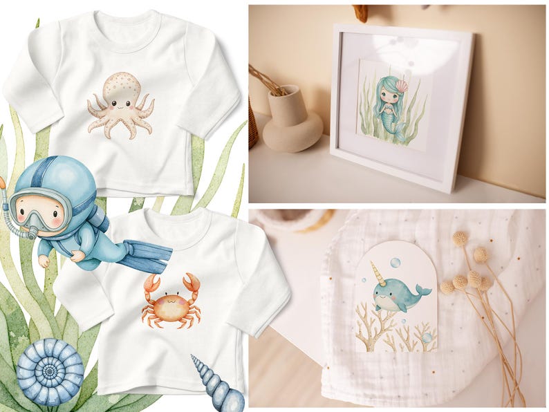 May include: Two white long-sleeve shirts with different sea creature designs. One shirt features an octopus, the other a crab. A third shirt features a diver with a blue helmet and flippers. A framed illustration of a mermaid with a crown and a narwhal with a horn are also shown.