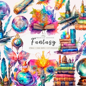 May include: Watercolor illustrations of fantasy themed elements, including a crystal ball, a book, a quill pen, a bottle, a stack of books, a winged creature, and a magic wand. The illustrations are in shades of blue, purple, pink, and yellow.