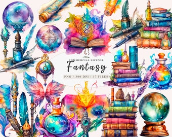May include: Watercolor illustrations of fantasy themed elements, including a crystal ball, a book, a quill pen, a bottle, a stack of books, a winged creature, and a magic wand. The illustrations are in shades of blue, purple, pink, and yellow.