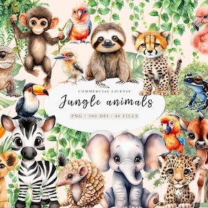 Adorable clipart de chambre d'animaux Safari & Jungle pour décoration bohème de bébé, lot de dessins de créatures Safari aquarelle, créatures de la jungle pour bébés