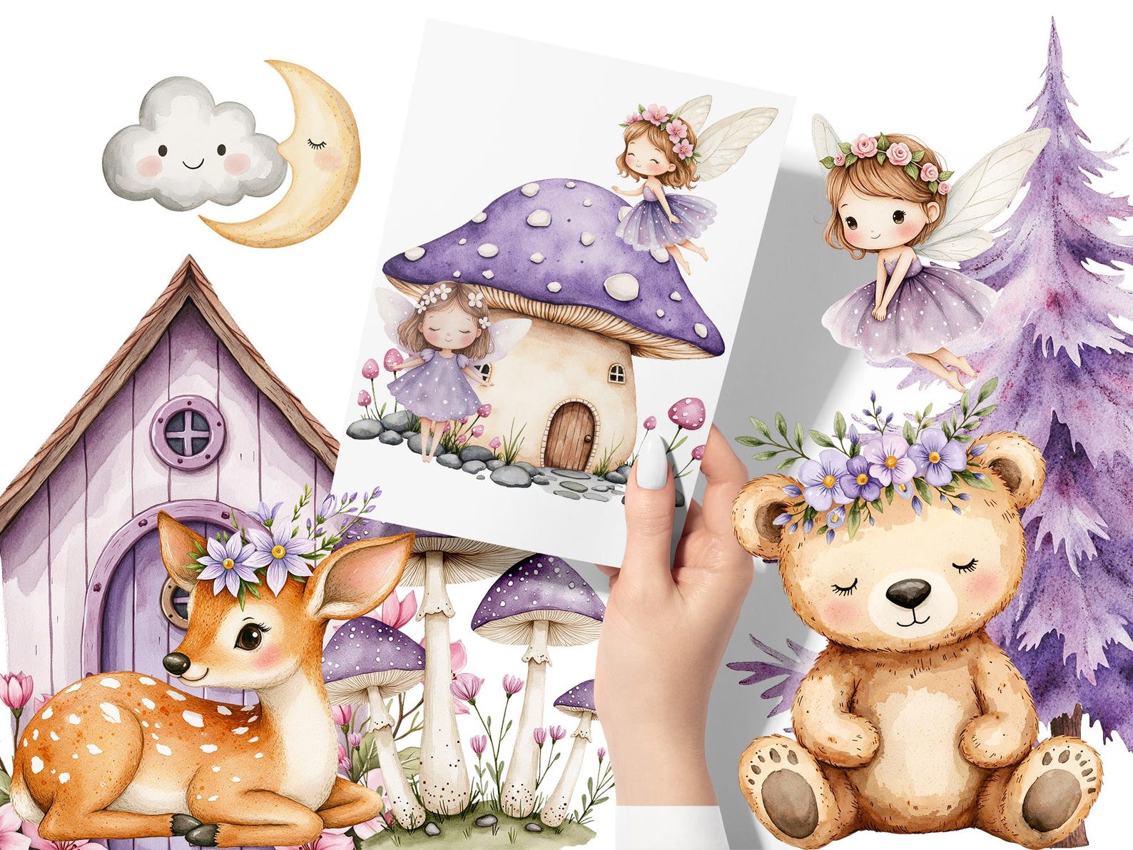 Watercolor Magical Garden Purple Fairies Clipart Bundle, Cute Forest ...