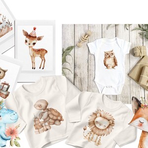 May include: A set of five watercolor illustrations featuring woodland animals wearing party hats. The animals include a fox, a deer, an owl, a turtle, and a lion. The illustrations are perfect for a woodland-themed birthday party.