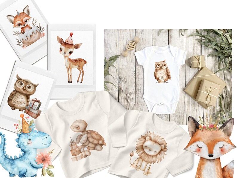 May include: A set of five watercolor illustrations featuring woodland animals wearing party hats. The animals include a fox, a deer, an owl, a turtle, and a lion. The illustrations are perfect for a woodland-themed birthday party.