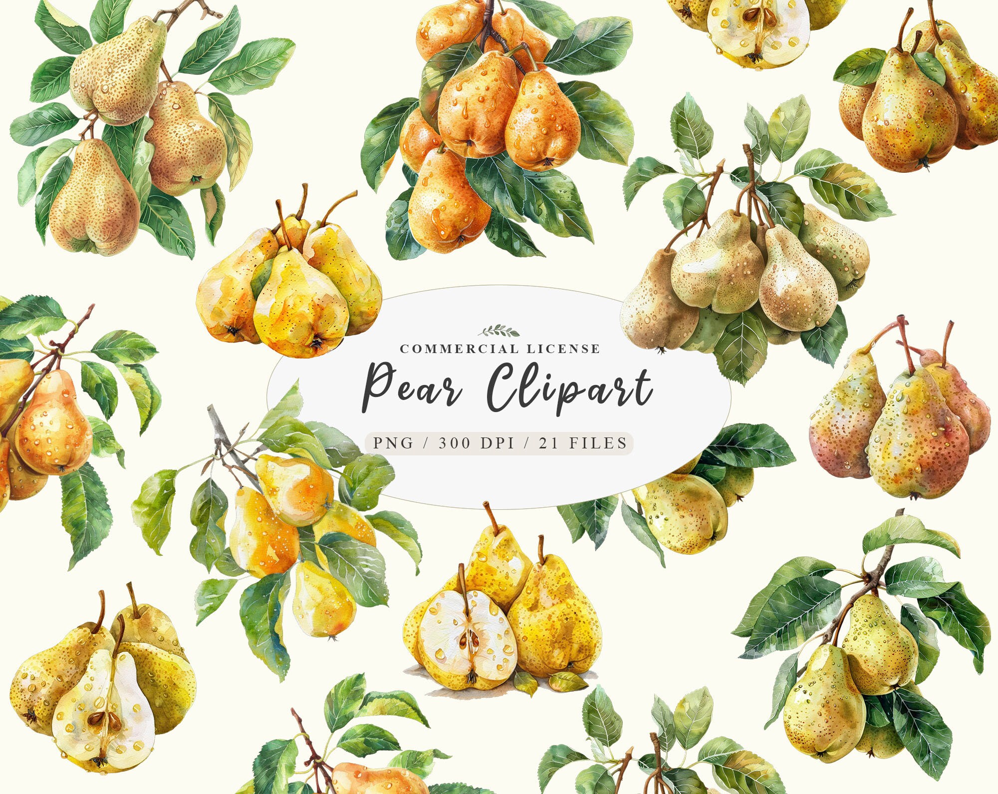 Pear Watercolor Art Bundle, Fruit Illustration, Gardening Greenery Clipart, Bountiful Pear Clipart Set, Vibrant Fruit Illustrations