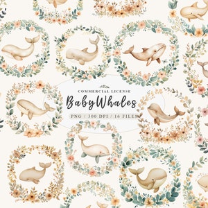 Schattige walvis clipart, walvis uitnodiging, walvis aquarel, krans wilde bloemen, oceaan kinderdagverblijf inrichting, kawaii clipart, gratis commercieel gebruik