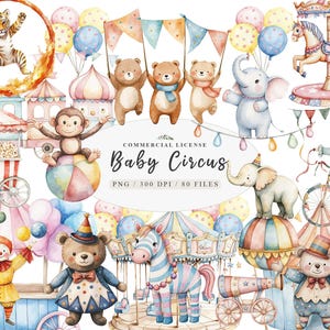 Aquarel schattige baby circusdieren clipart, kindercircus feestbeesten clipart, circus feestclown, tentcarrousel clipart, babycircus