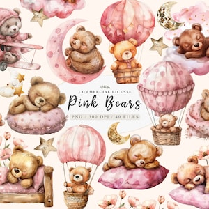 Rosa Teddybär, Teddybär Clipart, Baby Bär Clipart, süße Träume Zeichen, Kawaii Clipart, Bär mit Luftballons, süße Träume