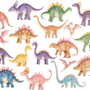Watercolor dinosaur clipart sheet with colorful baby dinosaurs, t-rex style figures, stegosaurus, triceratops, pterodactyl and long neck dino PNG elements on white background.