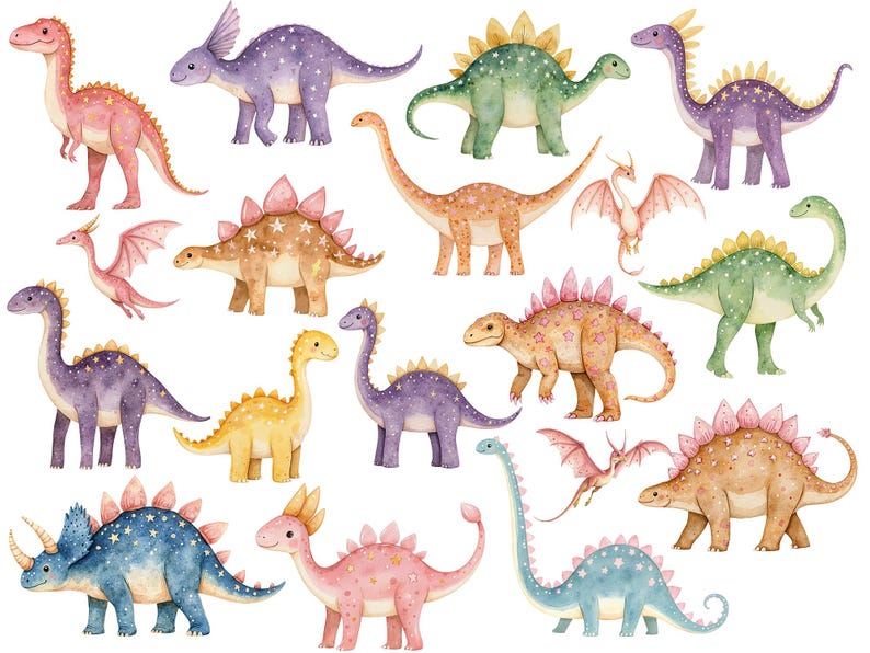 Watercolor dinosaur clipart sheet with colorful baby dinosaurs, t-rex style figures, stegosaurus, triceratops, pterodactyl and long neck dino PNG elements on white background.