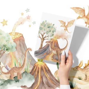 May include: Watercolor illustration of a dinosaur, a volcano, and a dragon. The dinosaur is green and brown and has a long neck. The volcano is brown and orange and has a plume of smoke coming from the top. The dragon is orange and has wings. The illustration is on a white background.