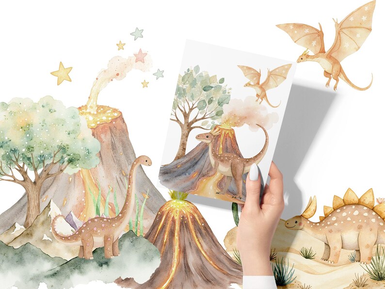 May include: Watercolor illustration of a dinosaur, a volcano, and a dragon. The dinosaur is green and brown and has a long neck. The volcano is brown and orange and has a plume of smoke coming from the top. The dragon is orange and has wings. The illustration is on a white background.