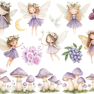 Watercolor Magical Garden Purple Fairies Clipart Bundle, Nature Cute ...
