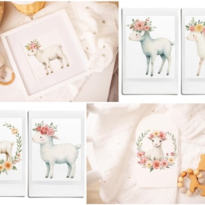 Puede incluir: Conjunto de cuatro impresiones de arte de guarder&iacute;a imprimibles con ilustraciones de acuarela de corderos con coronas de flores. Las impresiones son perfectas para una habitaci&oacute;n de beb&eacute; o una habitaci&oacute;n de ni&ntilde;os.