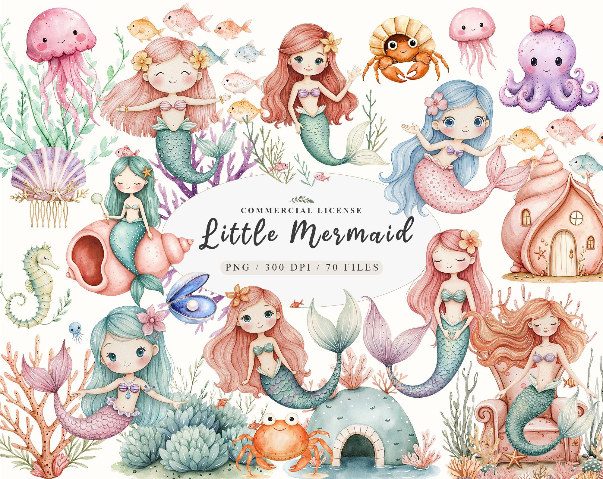 Watercolor pastel baby mermaid clipart, Little cute mermaid baby shower, Cute sea creature clipart, Mermaid party favors png, Sea world png