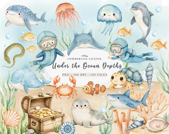 Pastel ocean under the sea animals cute fish clipart, Cute Octopus jellyfish mermaid clipart, Underwater pastel ocean clipart, Mermaid png