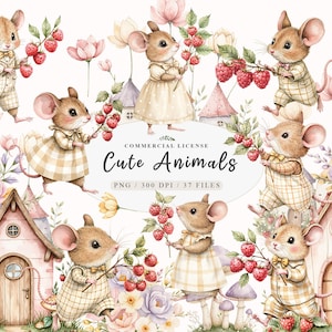 Aquarelle Minnie animaux souris fraise clipart, animaux de jardin souris png, bébé souris animal avec bouquet clipart, clipart jardin féerique