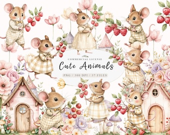 Watercolor Minnie animals mouse strawberry clipart, Garden animals mouses png, Animal baby mouse with bouquet clipart, Fairy garden clipart