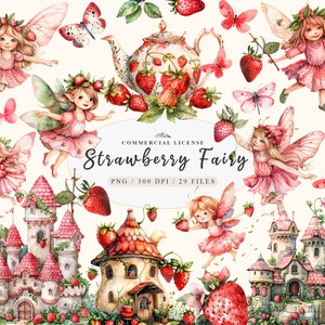 Baby strawberry Pink Fairy clipart bundle, Fairy garden Strawberry elf clipart, Fairy house castle png, Spring enchanted garden fairy
