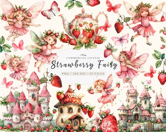 Baby strawberry Pink Fairy clipart bundle, Fairy garden  Strawberry elf clipart, Fairy house castle png, Spring enchanted garden fairy