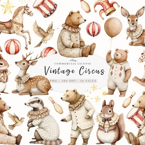 lot de cliparts animaux fête cirque mignon aquarelle vintage, cirque pépinière animal png, cheval boule magique vintage png, cheval de carrousel pastel