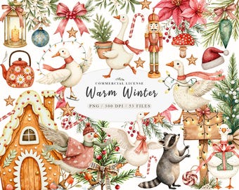 Paquete de imágenes prediseñadas de acuarela de un tierno ganso navideño, animales del bosque en invierno (PNG), ilustración de un cascanueces con un ganso navideño.
