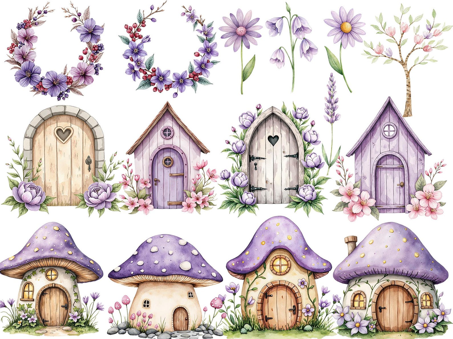Watercolor Magical Garden Purple Fairies Clipart Bundle, Cute Forest ...