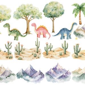 Printable dinosaur scenery clipart with watercolor trees, desert cactus landscapes, palm tree, mountain ranges and cute dinos for Jurassic nursery or birthday projects.