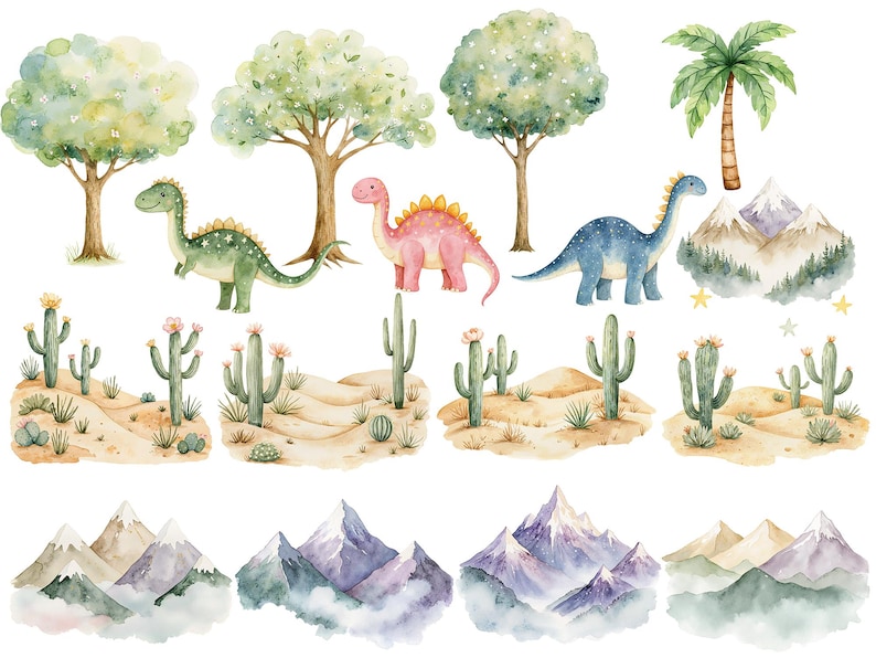 Printable dinosaur scenery clipart with watercolor trees, desert cactus landscapes, palm tree, mountain ranges and cute dinos for Jurassic nursery or birthday projects.