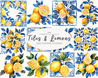 Portuguese tiles, Lemon branch print, Mediterranean Tile, Lemon tile, Lemon Floral Clipart, Lemon painting, Lemon decor,