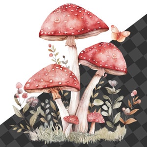 May include: Watercolor painting of red and white mushrooms with green foliage and a butterfly. The mushrooms have white stems and red caps with white spots. The foliage is a mix of green leaves and stems.