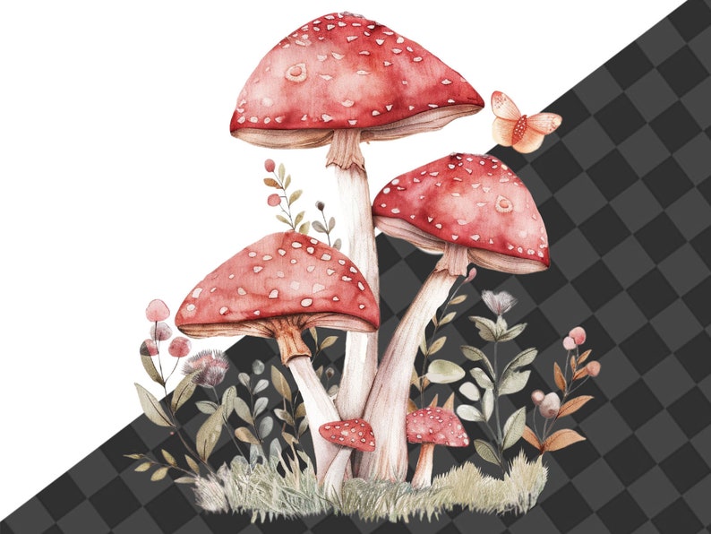 May include: Watercolor painting of red and white mushrooms with green foliage and a butterfly. The mushrooms have white stems and red caps with white spots. The foliage is a mix of green leaves and stems.