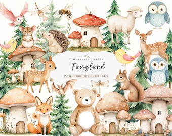 Enchanted Woodland Clipart Bundle, Forest Animals PNG, Mushroom House, Fairy Tale Fantasy Nursery, Commercial Use