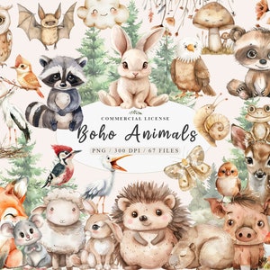 Boho Woodland Animals Clipart, Cute Woodland Animals, Watercolor Woodland Animals Baby Shower clipart, Nursery Baby animals clipart