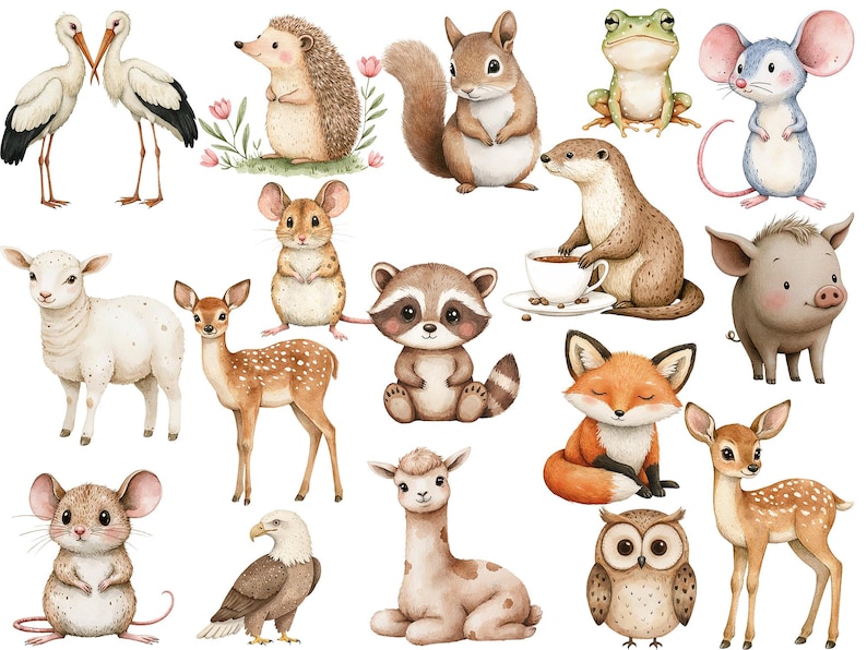 May include: A collection of watercolor illustrations featuring various animals, including a deer, a fox, a raccoon, a hedgehog, a frog, a pig, a llama, an owl, a mouse, a squirrel, a bird, and a otter. The illustrations are painted in a whimsical style with bright colors.