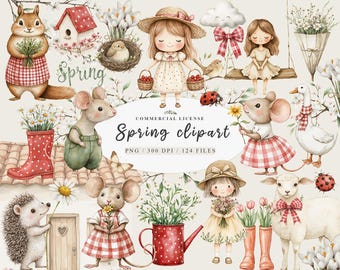 Watercolor spring cute girl floral woodland animals clipart bundle, Neutral baby animals clipart, Cute summer girls png, Floral woodland png