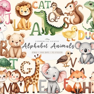 Alfabeto de animales lindos de acuarela, póster lindo del alfabeto de la jungla png, póster del alfabeto de animales del bosque de la a a la z, clipart de letras