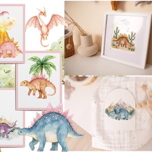 Dinosaur wall art mockup collage showing watercolor dino prints in pink frames, nursery room decor, framed art and soft fabric display examples.