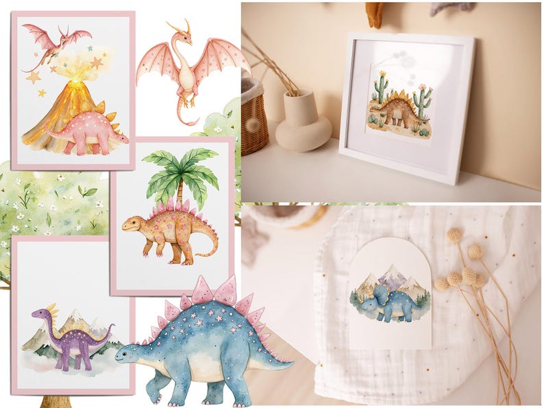 Dinosaur wall art mockup collage showing watercolor dino prints in pink frames, nursery room decor, framed art and soft fabric display examples.