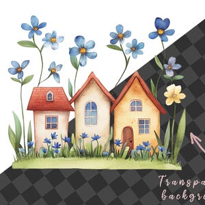May include: Watercolour illustration of three small houses with red, yellow and cream coloured walls. The houses are surrounded by blue flowers and green grass. The background is a transparent checkered pattern.