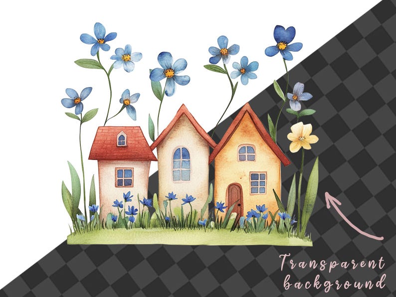 May include: Watercolour illustration of three small houses with red, yellow and cream coloured walls. The houses are surrounded by blue flowers and green grass. The background is a transparent checkered pattern.